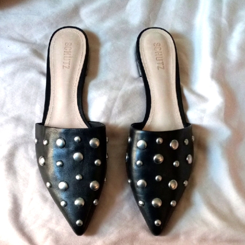 SCHUTZ Black Mules with Pointed Toe and Studded Design